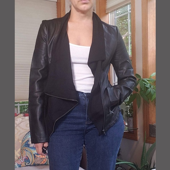 Black Faux Leather & Knit Asymmetric Jacket - Picture 2 of 5